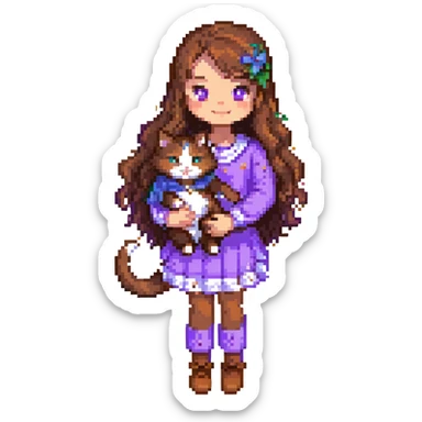 Add a simple, cheerful background to the scene with a girl with long, wavy brown hair, brown eyes, purple clothes, smiling with a three-color cat beside her, in pixel art style. sticker