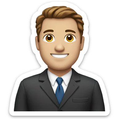 a slightly overweight man with brown hair and brown eyes smiling in a business suit. sticker