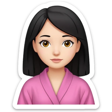 A girl who has black hair (straight but slightly wavy at the end), has a medium to bright skin tone, wearing a pink robe sticker