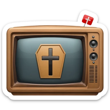 Minimalist emoji-style sticker of a CRT TV in the shape of a coffin, with a cross or static noise on the screen. Desaturated design.  sticker