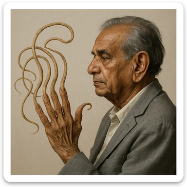 Shridhar Chillal, side view, displaying his hand with the world's longest fingernails, realistic style, neutral background sticker