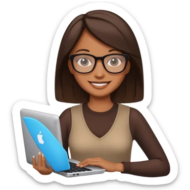 woman with tan skin, chest-length straight dark-brown hair and glasses, smiling and holding mac computer sticker