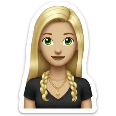 skinny pretty long blonde girl slanted green eyes gold jewlery light skin black shirt sticker