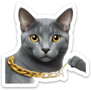 Russian Blue cat wearing a gold Cuban chain driving a Lamborghini sticker