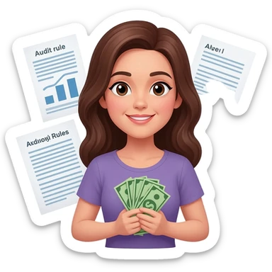Brown haired woman with money and audit rules around her sticker