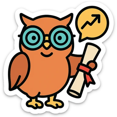 An icon of a smiling owl wearing glasses, holding a diploma, symbolizing smart marketing. sticker