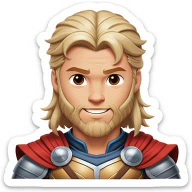 Cinematic Realistic Thor Portrait, head tilted playfully and inquisitively, showcasing his robust form and a warm, disarming smile. His expressive eyes and detailed armor are captured with lifelike clarity, as soft natural highlights reveal a side of the mighty god that is both approachable and full of mirth. sticker