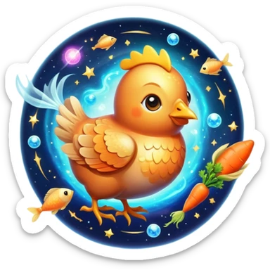 Magical ethereal chicken, fish, and carrot floating in a cosmic space, connected by golden energy beams to a healthy eye, radiant skin, and glowing immune shield sticker