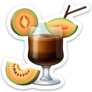 dark coffee carajillo drink in a glass with a slice of cantaloupe melon on the side sticker
