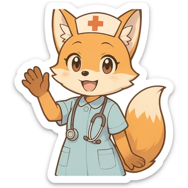 anime style fox character, medical theme, saying goodbye sticker