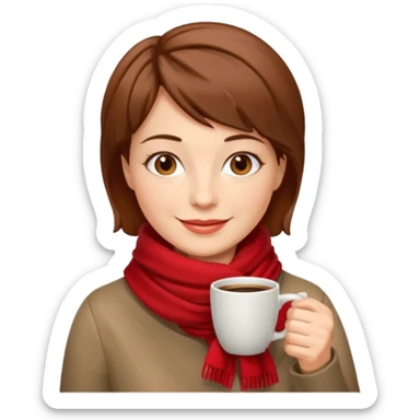 a middle age woman with brown short hair, having red scarf, drink coffee, enjoy sticker