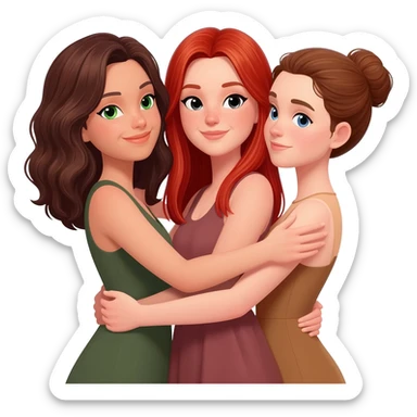 Même  photo mais les filles se prennnent dans les bras :Emoji trouplr femme: à gauche: brune cheveux aux épaules, ondulés et châtain foncée, yeux verts. Au milieu rousse aux yeux noirs, cheveux longs et raides. À droite : châtain avec chignon et yeux bleus. Les trois sont de couleur de peau blanche. sticker