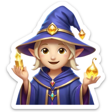 Clash of Clans aesthetic Playful Mage Portrait Emoji, Head tilted with a mischievous glimmer and subtle enchanting smile, featuring a compact, gracefully robed form with a pointed wizard hat and twinkling eyes in natural skin tone, Simplified yet irresistibly charming features, highly detailed, glowing with a warm, inviting magical glow, high shine, spirited and imaginative, stylized with a touch of whimsical sorcery, soft glowing outline, capturing the essence of a playful mage exuding friendly arcane wonder! sticker
