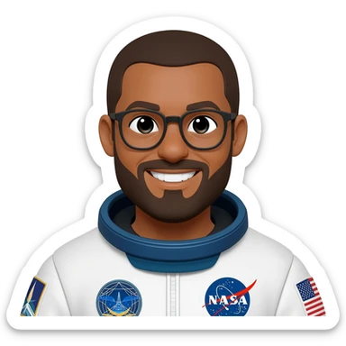 astronaut brown skin, black eyes, glasses and beard smiling sticker
