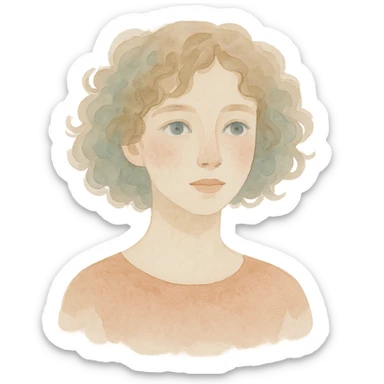 a girl with curly hair, pale skin, and blue eyes, watercolor art style sticker