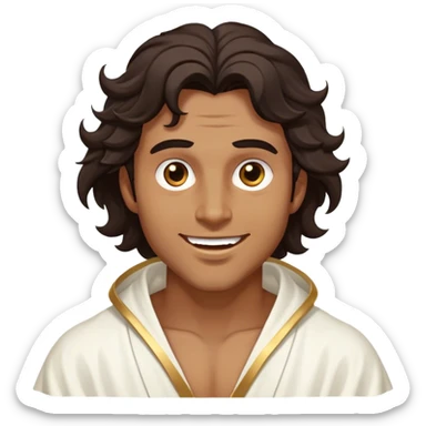 Cinematic Realistic Hercules Portrait, head tilted dramatically with an exaggeratedly amused expression, featuring expressive eyes and a hint of a roguish smile. His bronze, marble-like skin and thick, wavy dark hair, rendered with classical artistry, complement his flowing white robe adorned with delicate golden accents, all brought to life with dynamic natural lighting that captures a rare, playful moment from an enduring legend. sticker