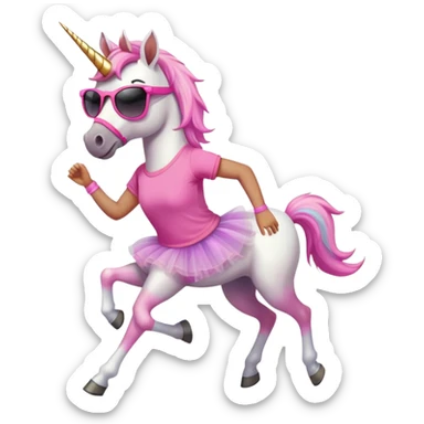 friendly anthropomorphised female unicorn with horse-like face, in tutu and pink t-shirt, wearing dark sunglasses, jogging upright in standard pose sticker
