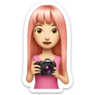 girl with long, straight rose hair with fringe and holding camera and wearing pink, pretty top sticker