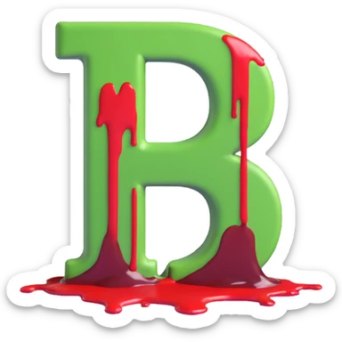 3D graffiti style green letter B with red blood slowly dripping, dark urban background, cinematic lighting, black wall sticker
