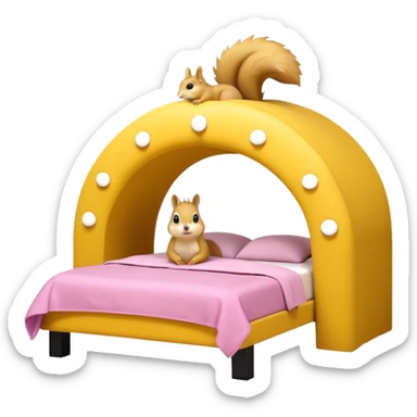 The features a bed themed as a large, cheerful, yellow squirrel. The squirrel's head forms an archway over the bed, with large black eyes, a small pink nose, and prominent white cheeks. The bed frame and arch are bright yellow with integrated yellow LED lighting running along the curves.  sticker
