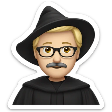 A man with blond hair and a mustache, wearing a black squared shaped eye glasses, wizard hat, black  robe sticker