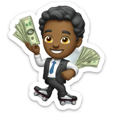 a banker with many dollars in his hand on roller skates sticker