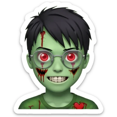 Zombie emo boy, green skin and black hair, chrome heart glasses and a scary smile, scars and blood under eyes sticker