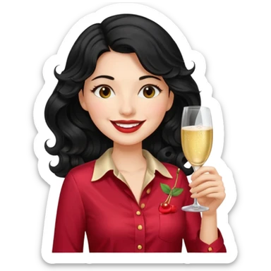 A woman with wavy black hair and a beautiful and authoritative cherry shirt drinking champagne sticker