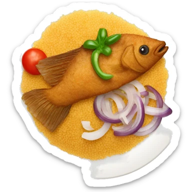 Couscous fried fish and diced onions, tomatoes and peppers  sticker