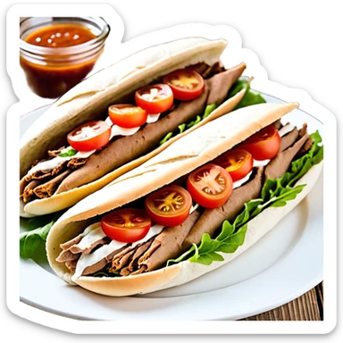 Döner im frisch aufgebackenen Fladenbrot, außen leicht knusprig, innen weich. Gefüllt mit saftigem Dönerfleisch, knackigem Salat, Tomaten, Zwiebeln und Kräutersauce. Warme Food‑Fotografie, hohe Details, natürliche Farben, appetitliche Präsentation, Fokus auf Texturen und Frische.“ sticker