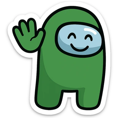 Create an Among Us crewmate character in green, waving one hand, happy expression, transparent background, in a style suitable for editing and clear character depiction. sticker
