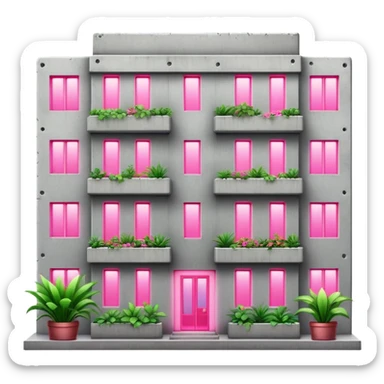 Soviet-style concrete panel apartment building block with neon pink light glowing from one window for indoor plants sticker