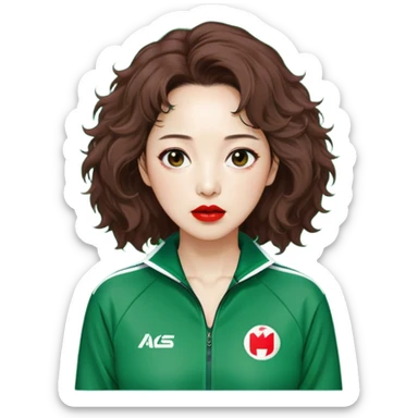 Han Mi-nyeo : Age: Late 50s
Appearance: A middle-aged woman with frizzy, messy brown hair and dramatic red lipstick.
Outfit: Green player tracksuit sticker