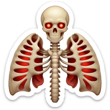 Minimalist emoji-style sticker of a ribcage x-ray with a curled-up demon inside, lines in faint white on black background, subtle red eye glow



 sticker