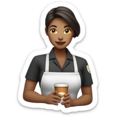 Female barista wear uniform smokes and holds cup of coffee sticker