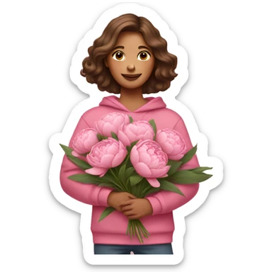 girl with brown hair in pink sweatshirt Holds a bouquet of peonies sticker