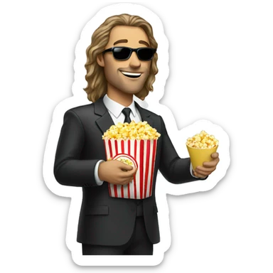 long hair white man in suit with sunglasses eating popcorn  sticker