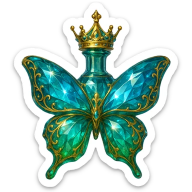 crystal elegant butterfly-shaped bottle with short neck and princess crown, green and blue colors, many glowing facets, ornaments, golden details, transparent background, floating in air, very close to original sticker