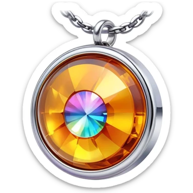 extreme close up of a round cut holographic amber charm with silver metal accent and rainbow chain sticker