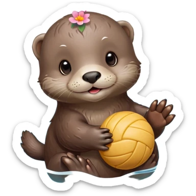 super cute baby otter with a tiny colorful flower on its head, gentle expression and soft rounded eyebrows, floating on clearly visible blue water with waves, baby otter with big sweet eyes holding a volleyball with both small paws above water sticker