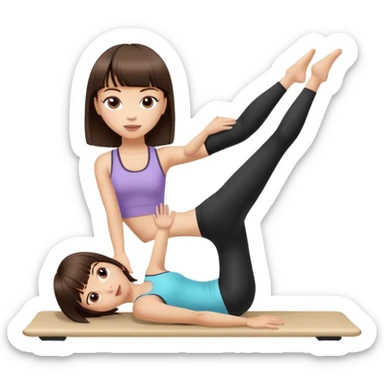 girl doing pilates, with dark brown hair and straight bangs, light skin tone sticker