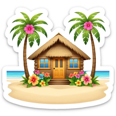 Hawaiian beach house, small tropical house, wooden walls, thatched roof, colorful flowers, palm trees, cute mobile game icon, 3D cartoon, bright colors, soft shadows, clean background, no text, no watermark sticker
