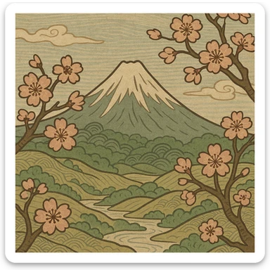 ukiyo-e style illustration of a mountain landscape with cherry blossoms sticker