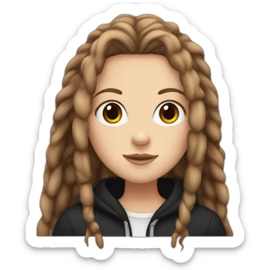 white girl with thick long big brown dreadlocks, brown eyes, and a black hoodie sticker