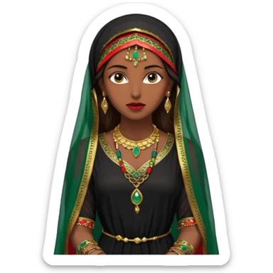 Mujer joven, morena, de gran belleza y porte misterioso.
 mirada intensa, labios marcados.
 Negro, largo, suele ir cubierto parcialmente por un velo
 Ropa de inspiración árabe: túnica colorida (rojo, dorado, verde esmeralda), con detalles dorados, brazaletes y pendientes. que se ve cuerpo entero sticker