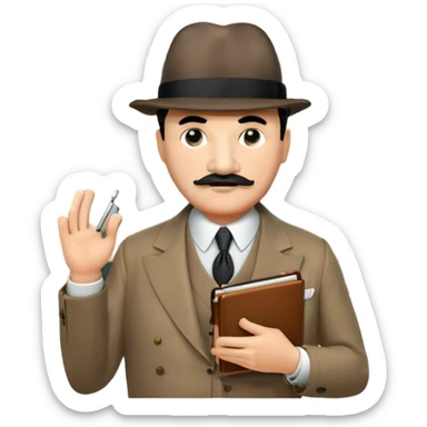 A cinematic-style frame showing Hercule Poirot in his iconic suit with a notebook in a dramatic detective pose. Background should be mysterious city, map, a board with photos of suspects, clues like fingerprints. Transparent background. sticker