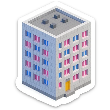 Russian panel apartment building, square block, light gray, alternating pink and white windows, isometric view sticker