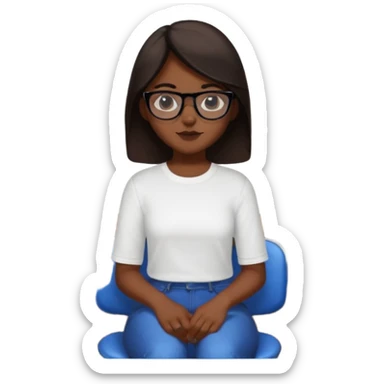 No pero que las florecitas azules estén en la camiseta dibujadasCréame una chica morena de pelo más o menos por los hombros con granitos en la cara y unas gafas negras, que esté sentado en una silla de bar con una camisa blanca con florecitas azules sticker