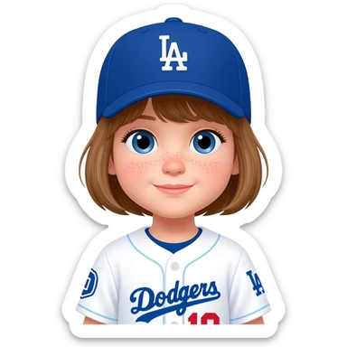 toddler girl in a white dodgers uniform with baseball cap with light brown short hair and blue eyes sticker