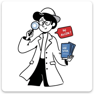 A secret agent holding a magnifying glass and code cards, spy theme, detective style, mysterious atmosphere, red and blue color scheme sticker